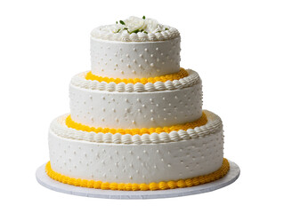 Three tier white cake with yellow frosting accents, decorated with piped icing and topped with white flowers, perfect for weddings or celebrations, elegant and joyful design