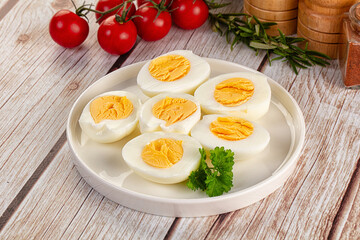 Boiled chicken eggs with bright yolk