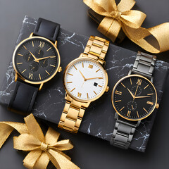 Three elegant wristwatches presenting luxury gifts in a box