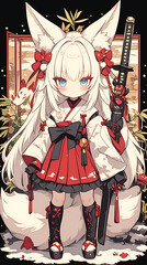 Anime chibi girl wearing traditional Japanese temple dress carrying katana sword