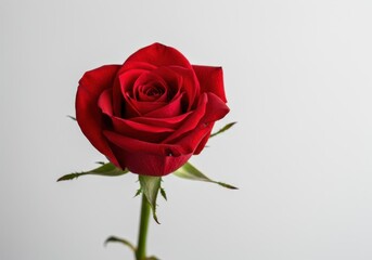 Fototapeta premium A perfect red rose bloom isolated on a pure white background. Minimalist studio shot emphasizing classic romance, purity, and passion ,thorn ,natural ,invitation