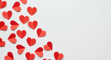A simple, striking pattern of vibrant red paper hearts scattered across a pure white background, ideal for love, romance, and holiday design ,Love ,anniversary ,graphic