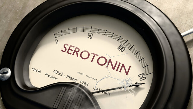 Serotonin meter showing high levels of serotonin. Dangerously increasing values of serotonin, critical overload. Too much, off the charts. Max serotonin ,3d illustration
