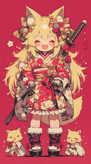 Chibi anime fox ears Japanese temple traditional clothes carrying katana