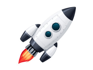 Rocket spaceship space launch fire flame technology science exploration futuristic. A white and black rocket with two round windows and fiery exhaust symbolizing adventure innovation and futuristic