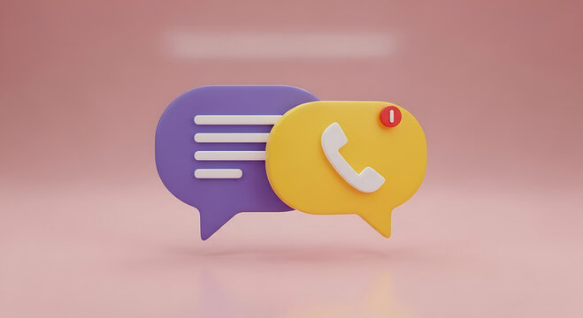 Two 3d speech bubbles one with text and one with a phone icon and notification