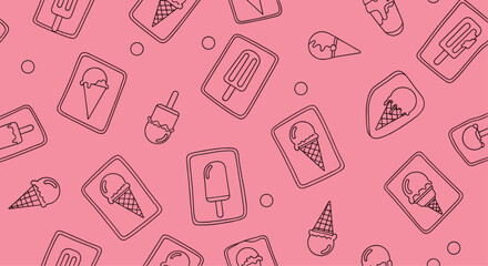 Monochrome seamless pattern featuring charming ice cream cones and popsicles in square frames on a vibrant pink background.