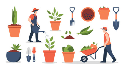 Joyful gardening activities with people watering plants, planting seedlings, and harvesting fresh vegetables into a wheelbarrow, set for green thumbs.