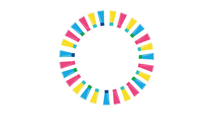 Obraz premium Striking circular border formed by numerous colorful paint tubes, offering a vibrant and artistic backdrop for various creative design projects.