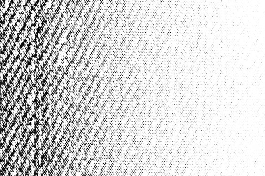 Diagonal halftone gradient with rough pixelated texture, fading from dense black to white on a transparent background.