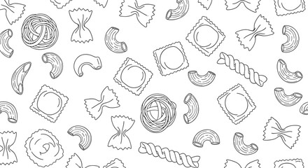 Seamless pattern showcasing various Italian pasta shapes including macaroni, farfalle, and ravioli, in a line art style.
