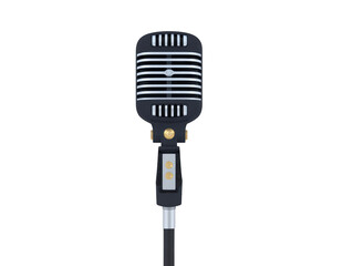Fototapeta premium Vintage microphone with black and silver metal body, gold accents, and retro design, isolated on transparency background, evokes nostalgia and classic music performance