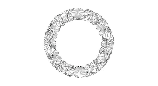 Ornate line art circular wreath meticulously composed of various intricately drawn seashells, reflecting marine elegance.