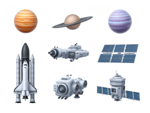 Planets rocket spacecraft satellite and space station with solar panels all in realistic style isolated on transparency background evoke curiosity and exploration