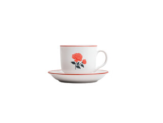 White ceramic cup with red rose flower design and matching saucer, classic style, isolated on transparency background, evokes sense of elegance and nostalgia
