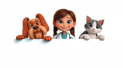 Young Veterinarian With Dog and Cat Happily Posing Together During a Cheerful Moment Indoors