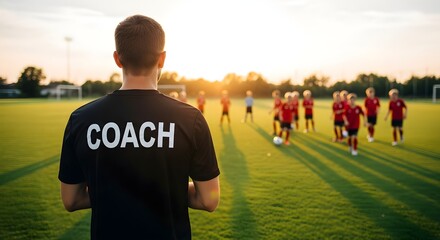 Soccer coach guiding young players during football training at sunset