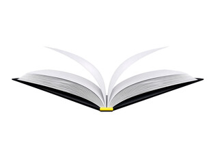 Fototapeta premium Open book with white pages black cover and yellow bookmark isolated on transparent background symbolizing knowledge education and learning in modern minimal style