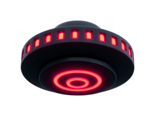 Futuristic flying saucer with glowing red lights, circular shape, and smooth metallic surface, isolated on transparent background, evokes mystery and advanced technology