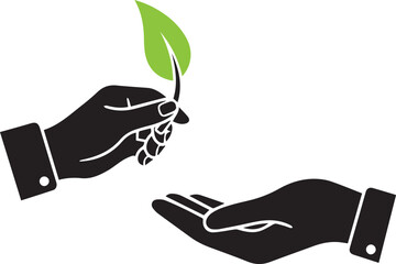 Black silhouette hands exchanging a green leaf against a white background holding giving