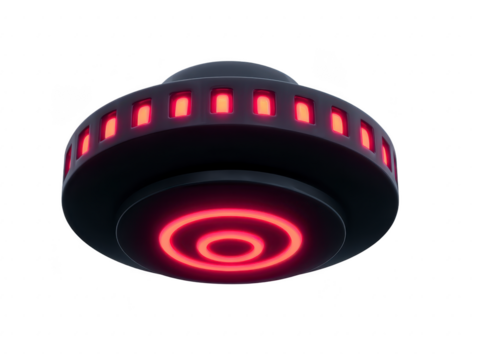 Futuristic flying saucer with glowing red lights, circular shape, and smooth metallic surface, isolated on transparent background, evokes mystery and advanced technology