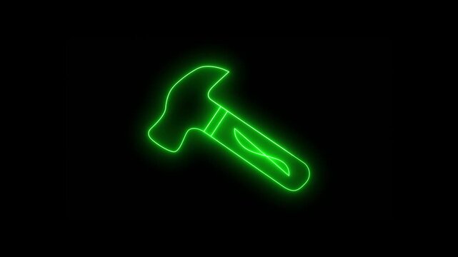 Green color Glowing hammer tools repair maintenance icon with neon color. Neon Hammer Icon Purple on Black Background