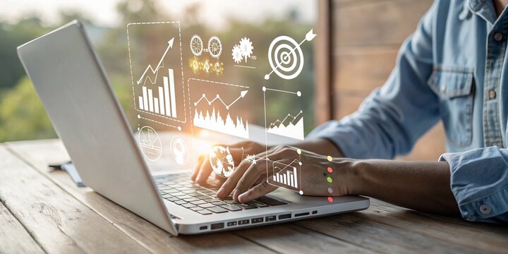 Person working on laptop with data analytics charts. Digital marketing, financial performance, and business intelligence dashboard concept showing growth, strategy, and data visualization for success. - Powered by Adobe
