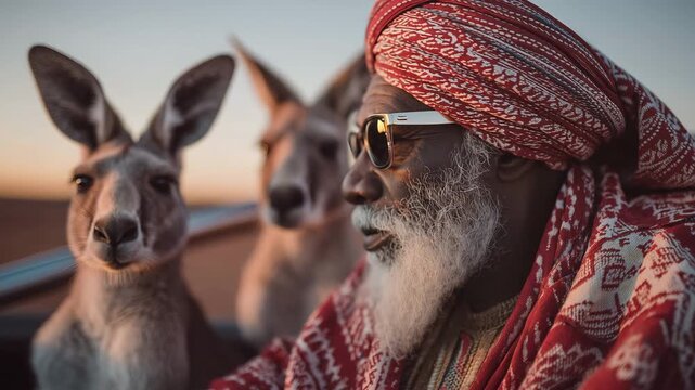 Humorous rideshare driver in traditional attire with kangaroos at sunset, showcasing a unique blend of culture and wildlife in a vibrant setting