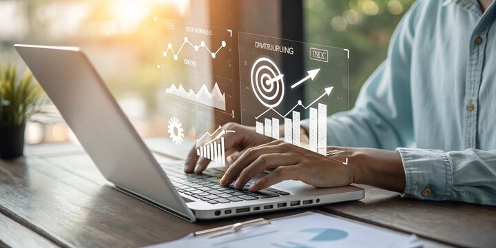 Person working on laptop with data analytics and business growth charts. Digital dashboard, marketing performance, and KPI management concept for corporate finance, innovation, and technology success.