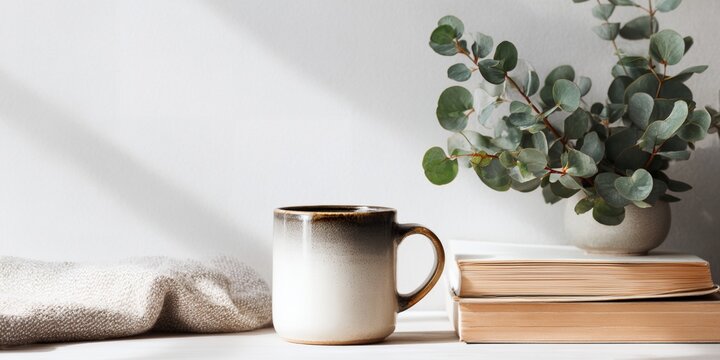 White mug with a brown handle sits on a table next to a stack of books