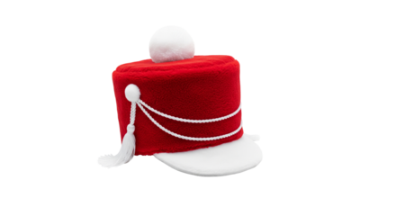Red New Year's hat designed as a traditional UK Busby with white cap and pompom displayed on a transparent background