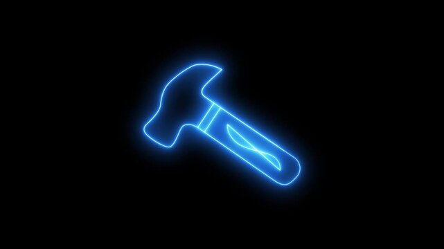 Glowing hammer tools repair maintenance icon. Neon Hammer Icon Purple on Black Background