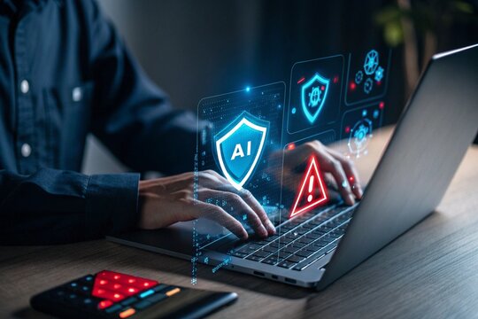 Person using laptop with AI security and warning icons. Artificial intelligence, data protection, and technology risk prevention concept for cybersecurity, online safety, and digital innovation.
