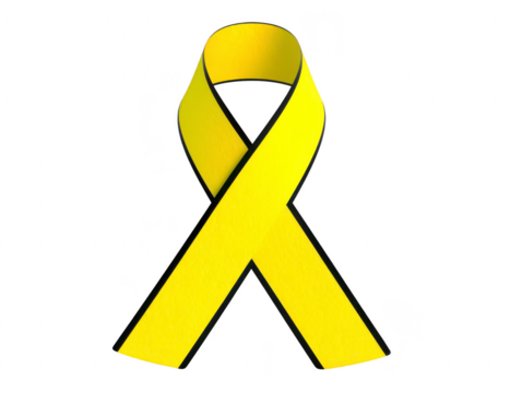 Yellow ribbon awareness symbol hope support charity isolated 3D illustration smooth texture bright color vertical orientation emotional expression of encouragement and solidarity