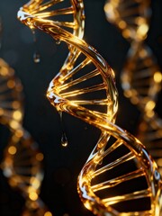 Stunning visualization of a golden liquid DNA helix with glistening drips, representing genetic science and premium cosmetic ingredients.