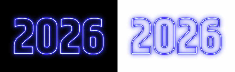 Glowing neon blue 2026 text on black and white background, futuristic new year design, modern luminous typography