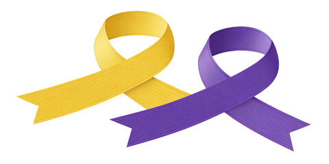 Yellow and purple awareness ribbons isolated. Symbol of support for cause or charity campaign. Hope and solidarity for health issues. Realistic fabric.