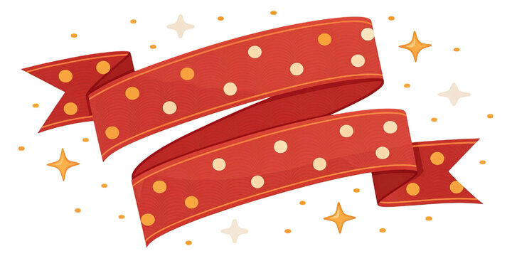 Festive red ribbon banner with polka dots and stars. Decorative blank scroll for text. Holiday celebration element for christmas or party. Isolated.