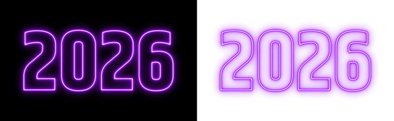 Glowing neon purple 2026 text on black and white background, futuristic new year design, modern luminous typography
