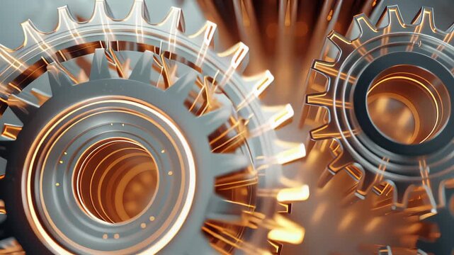 Gears interlock and rotate, highlighting mechanical operation and design. Sleek metallic surface shines in bright light, set in an industrial workshop