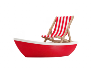 Red and white striped deck chair with wooden frame, placed on red boat shaped base, isolated on transparency background, evokes playful and relaxing summer vibe