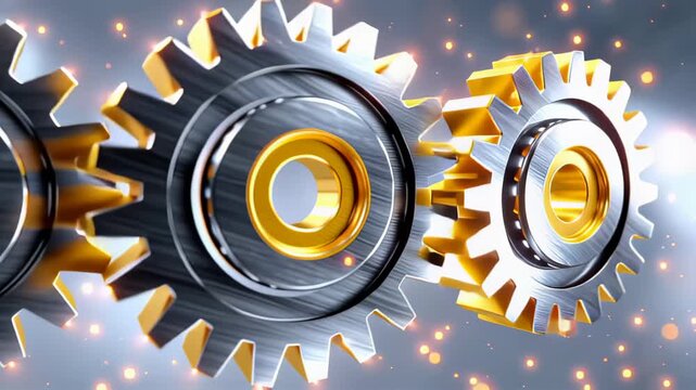 Gears interlock and spin with captivating golden highlights in a futuristic industrial space. High-tech environment with sleek metallic details. Concept of engineering, manufacturing, machinery