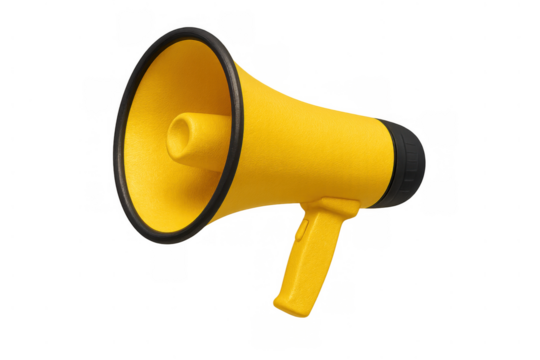 Yellow megaphone announcing important news, amplifying voice for communication, marketing, and public attention