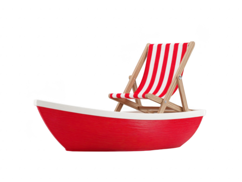 Red and white striped deck chair with wooden frame, placed on red boat shaped base, isolated on transparency background, evokes playful and relaxing summer vibe