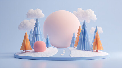 Minimalist winter landscape with pastel origami trees and a large sphere
