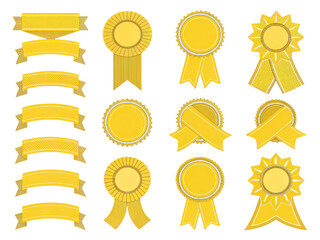 Collection of twelve yellow ribbons and award rosettes. Blank template set for a prize, winner, or first place. Decorative banners and seals with various textures.