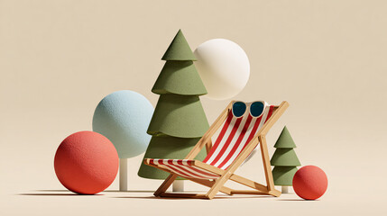 Deck chair and sunglasses in a minimalist scene representing summer vacation and relaxation