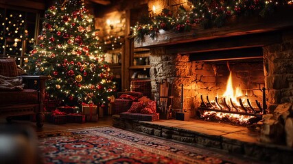 Christmas tree stands beautifully adorned near a crackling fireplace in a warm cabin setting. Soft glowing lights enhance holiday spirit. Concept of home decor, winter warmth, festive gatherings - Powered by Adobe