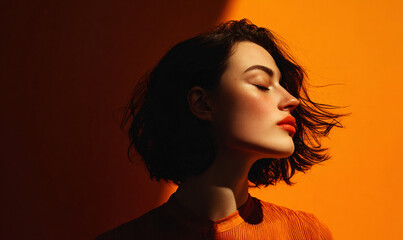 Woman with closed eyes facing sunlight on orange background, finding serenity