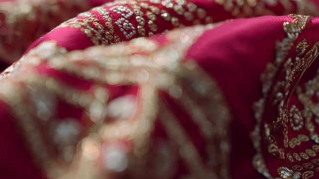 Red fabric with golden embroidery detail, intricate pattern showing traditional textile art, luxurious clothing material footage.
